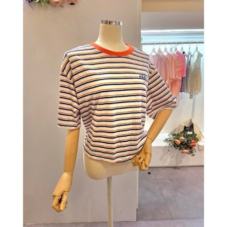 레터링 배색 줄무늬 티셔츠