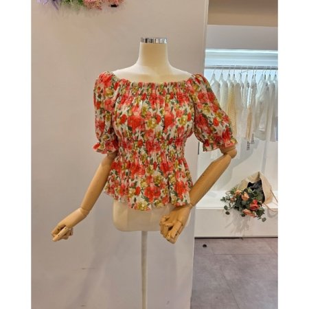 스모크 셔링 꽃 블라우스