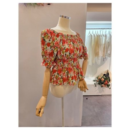 스모크 셔링 꽃 블라우스