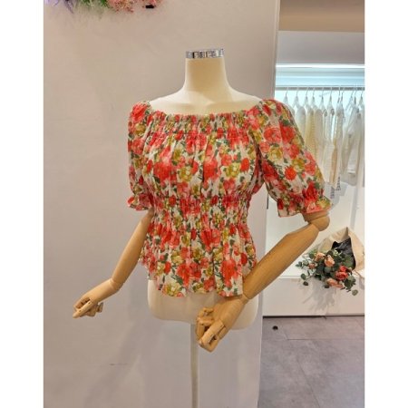 스모크 셔링 꽃 블라우스