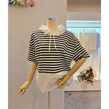 오버핏 후드 스트라이프 티셔츠