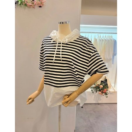 오버핏 후드 스트라이프 티셔츠