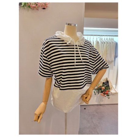 오버핏 후드 스트라이프 티셔츠