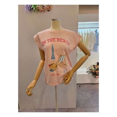 캡소매 프린트 라운드티셔츠