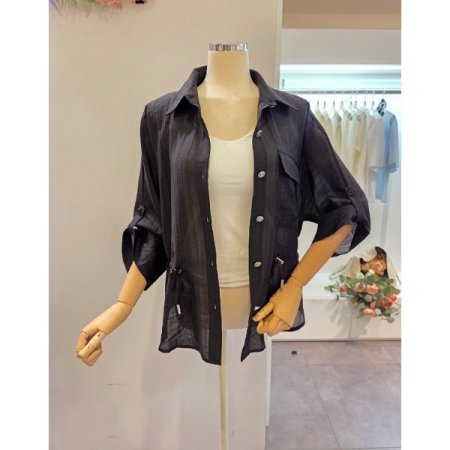 양 스트링 롤업 블라우스