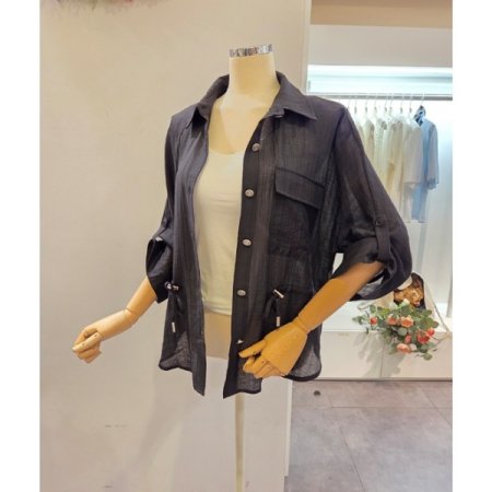 양 스트링 롤업 블라우스