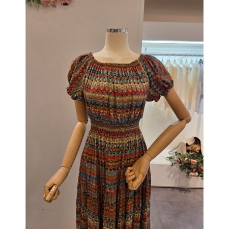 허리밴딩 프린트 롱 원피스