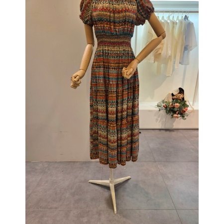 허리밴딩 프린트 롱 원피스