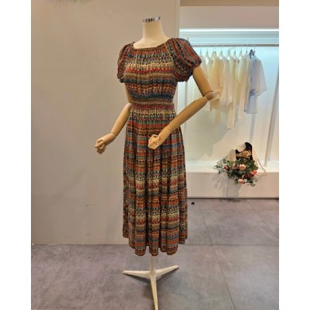 허리밴딩 프린트 롱 원피스