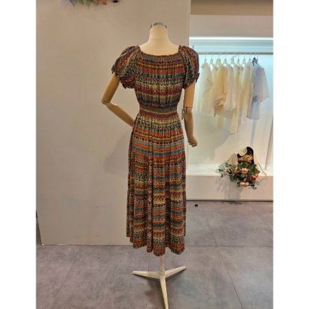 허리밴딩 프린트 롱 원피스