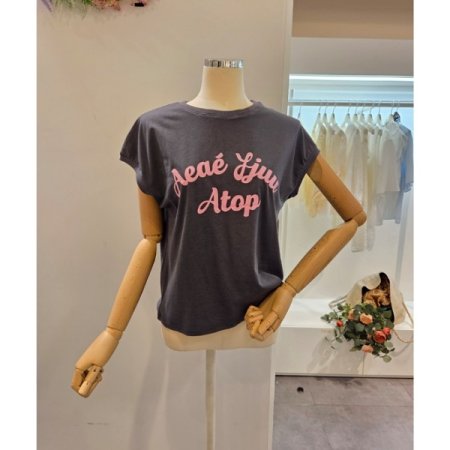 레터링 캡소매 라운드 티셔츠