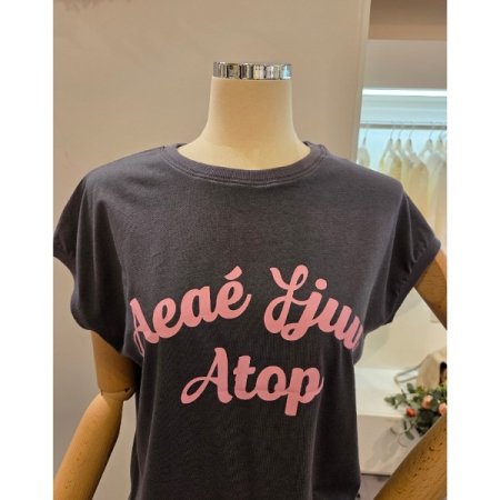 레터링 캡소매 라운드 티셔츠