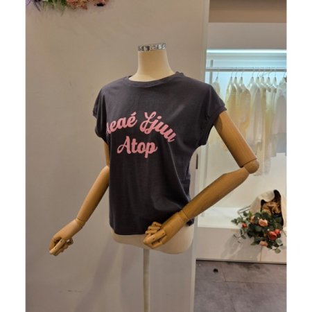 레터링 캡소매 라운드 티셔츠