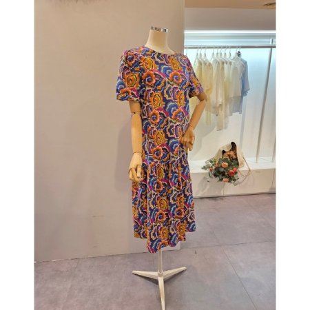 라운드넥 컬러풀 프린트 원피스