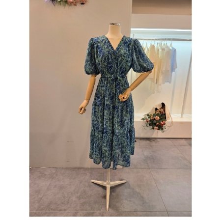 브이넥 퍼프 스트링 원피스