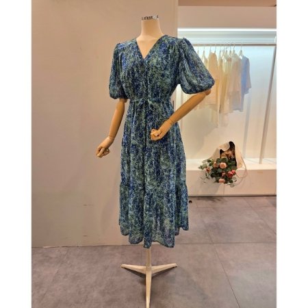 브이넥 퍼프 스트링 원피스