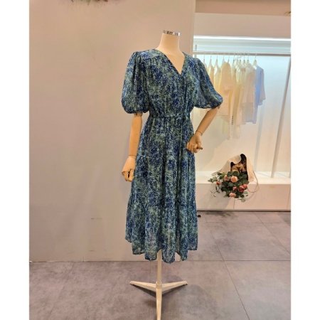 브이넥 퍼프 스트링 원피스