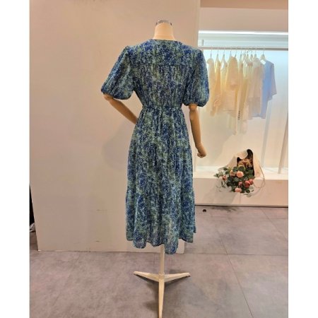 브이넥 퍼프 스트링 원피스