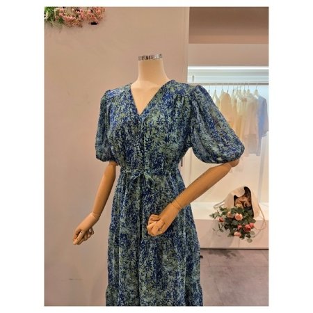 브이넥 퍼프 스트링 원피스