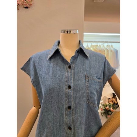 캡소매 데님 셔츠