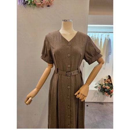 브이넥 벨티드 롱 원피스