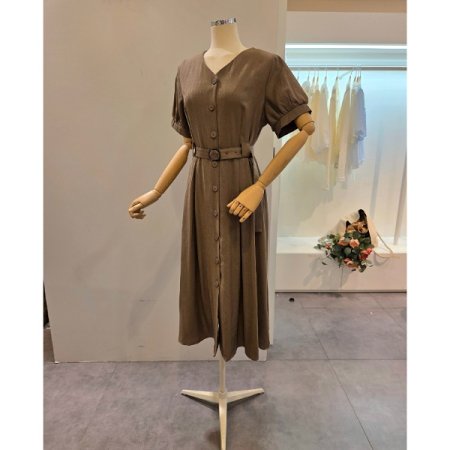 브이넥 벨티드 롱 원피스