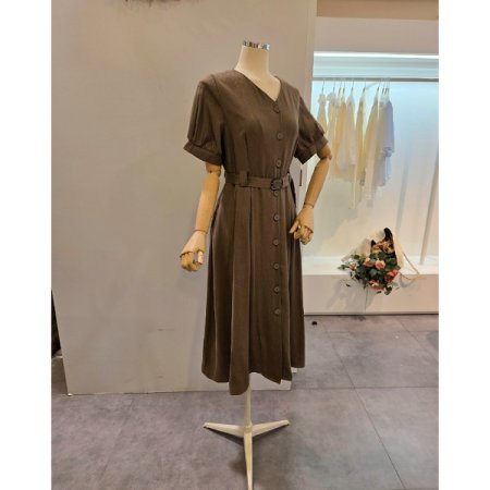 브이넥 벨티드 롱 원피스