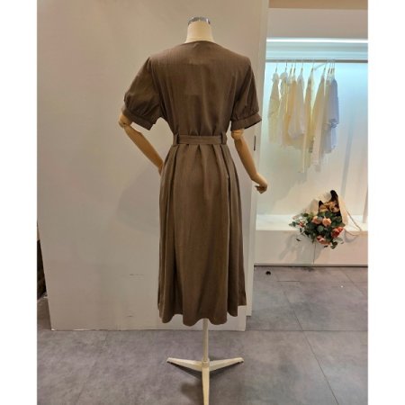 브이넥 벨티드 롱 원피스