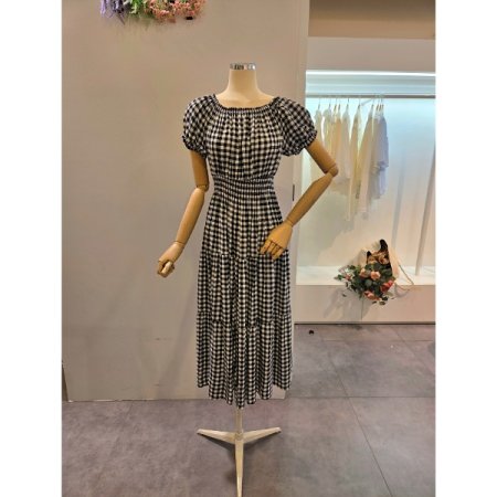 체크 허리 밴딩 원피스