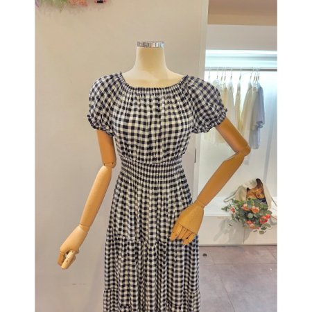 체크 허리 밴딩 원피스