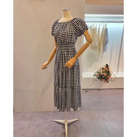 체크 허리 밴딩 원피스