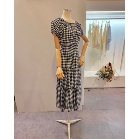 체크 허리 밴딩 원피스