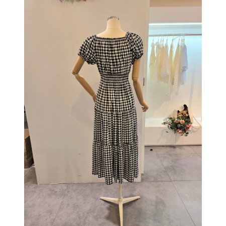 체크 허리 밴딩 원피스