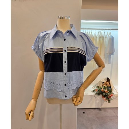 셔링 소매 배색 셔츠