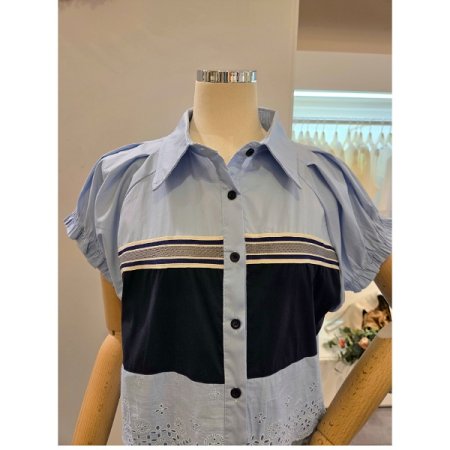 셔링 소매 배색 셔츠