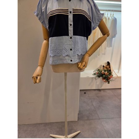 셔링 소매 배색 셔츠