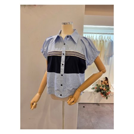 셔링 소매 배색 셔츠