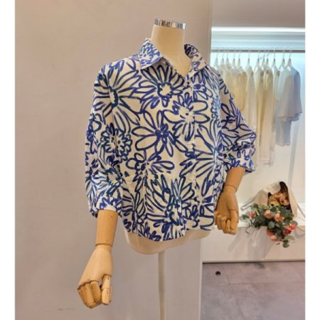 블루 플라워 카라 셔츠