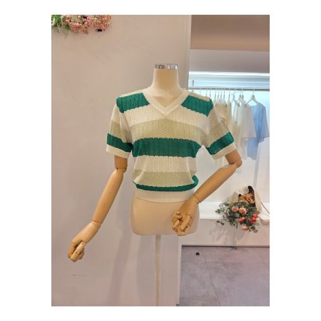 배색 스트라이프 브이넥 니트