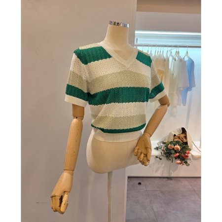 배색 스트라이프 브이넥 니트