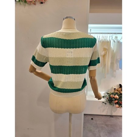 배색 스트라이프 브이넥 니트