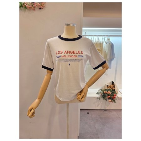 배색 레터링 라운드 티셔츠