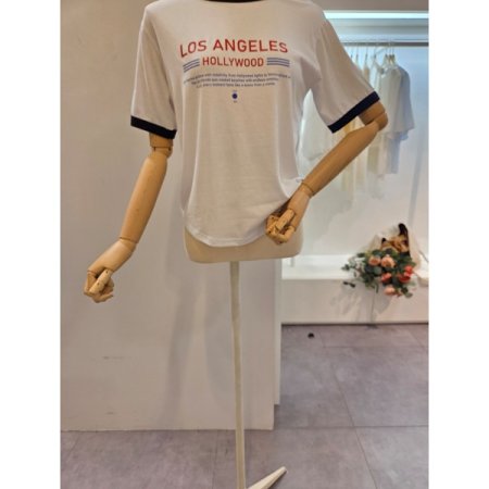 배색 레터링 라운드 티셔츠