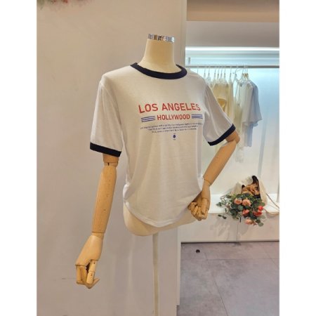 배색 레터링 라운드 티셔츠