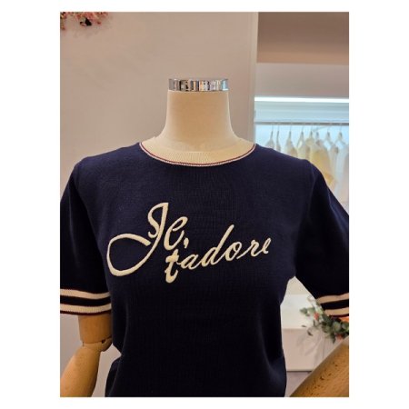 줄 배색 레터링 니트