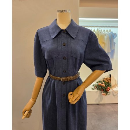 양포켓 벨티드 카라 원피스