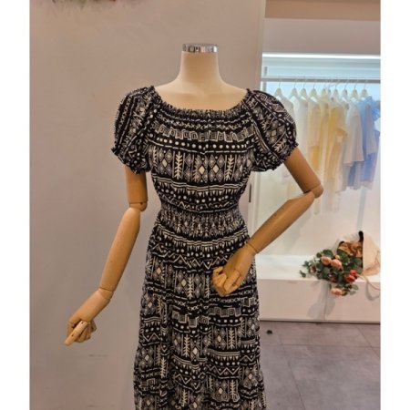 문양 패턴 허리밴딩 원피스