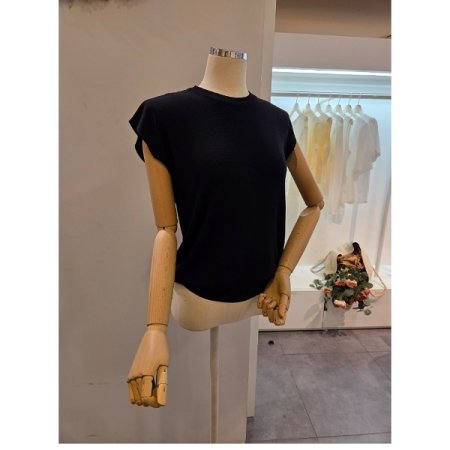 라운드넥 무지 캡소매 니트