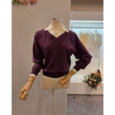 카라 배색 슬릿 니트