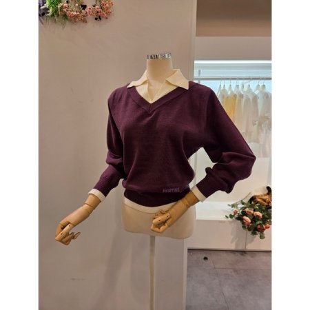 카라 배색 슬릿 니트